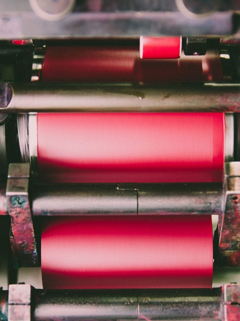 Das Farbwerk eines Trockenoffsetautomatens.