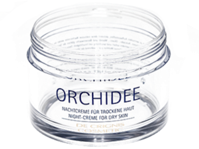 transparenter Tiegel aus SAN mit umlaufendem Siebdruck in Blau und Motivprägung in Glanzgold