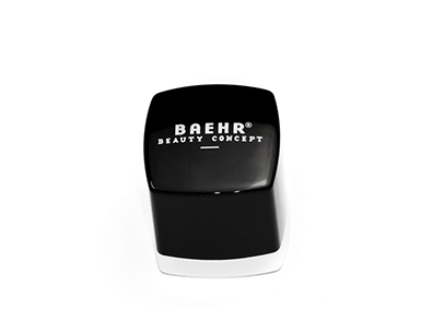 Schwarze Kunststoffkappe für Nagellackflaschen mit einfarbigem Tampondruck in Weiß auf der Kopffläche